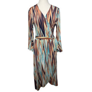 Veronica M Dress Women L ZigZag Orange Blue Wrap Style Bell Sleeve Stretch Party